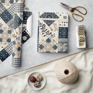 Papier Cadeau Bleu Nuit Crème Courtepoint Gingham Cottagecore Fl