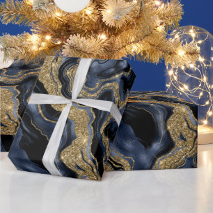 Papier Cadeau Bleu Nuit Élégant et Paillettes Dorées Anniversair