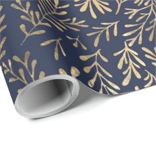 Papier Cadeau Bleu Nuit Élégant Feuilles d'Or