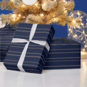 Papier Cadeau Bleu Nuit Ivoire Or Rayures
