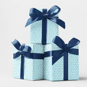 Papier Cadeau Bleu œuf de Robin et motif grec à clé blanc