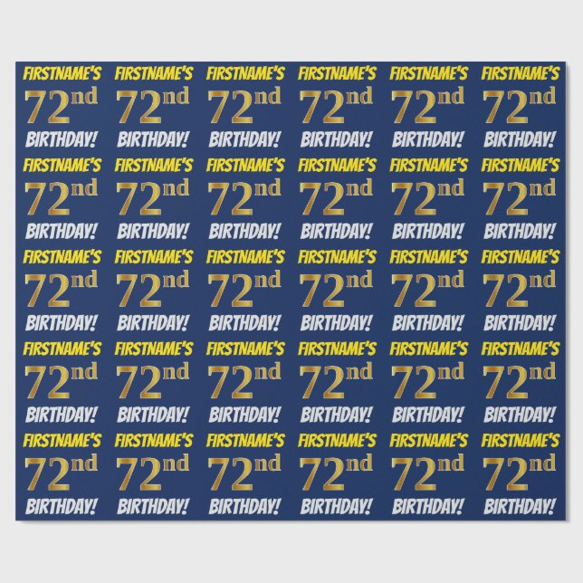 Papier Cadeau Bleu, Or Faux/Imitation, "72e ANNIVERSAIRE" (Plat)