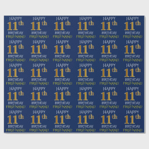 Papier Cadeau Bleu, or "JOYEUX 11ème ANNIVERSAIRE " de Faux