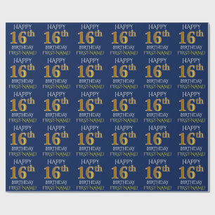 Papier Cadeau Bleu, or "JOYEUX 16ème ANNIVERSAIRE " de Faux
