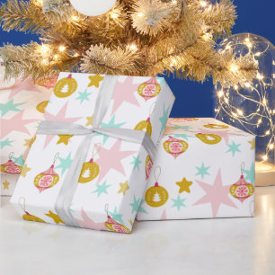 Papier Cadeau Bleu pâle, rose et or Noël rétro vintage