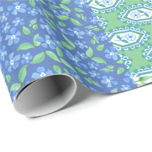 Papier Cadeau Bleu Périwinkle Floral Boho Faux Motif Patchwork