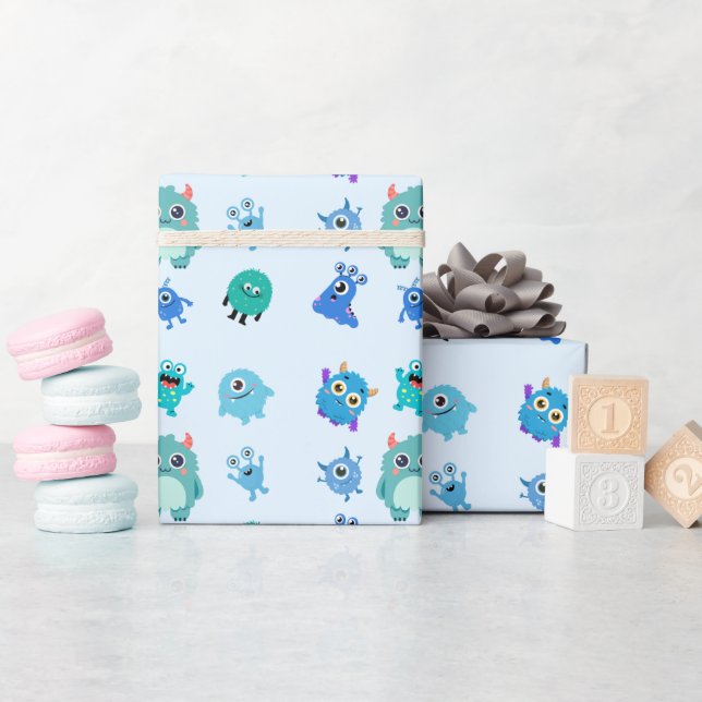Papier Cadeau Bleu pour Garçons avec Monstre Migno (Baby Shower)