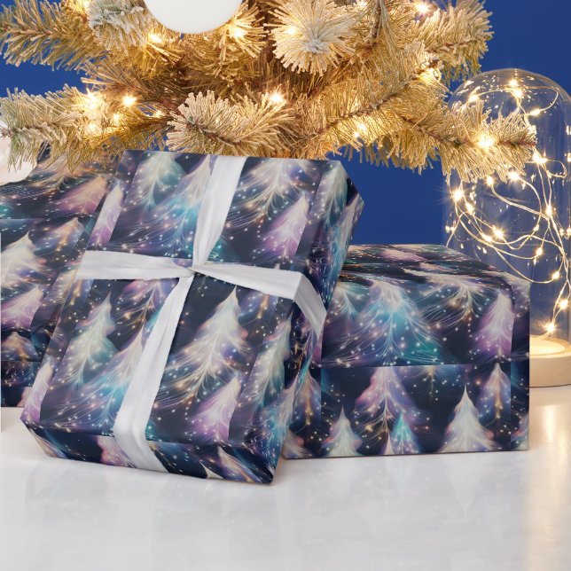 Papier Cadeau Bleu pourpre Arbres blancs Noël moderne (Vacances)