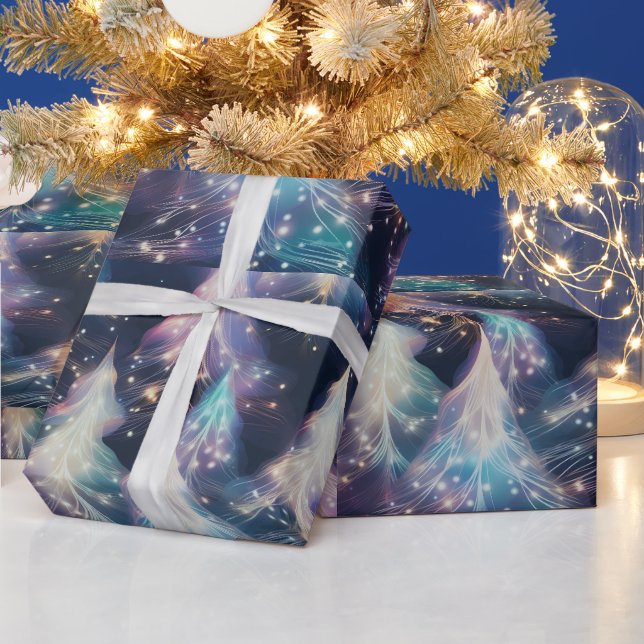 Papier Cadeau Bleu pourpre Arbres blancs Noël moderne (Vacances)