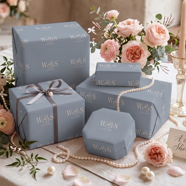 Papier Cadeau Bleu poussiéreux élégant initial couples de mariag (Créateur téléchargé)