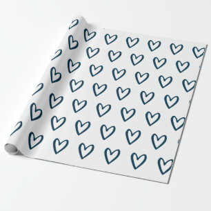 Papier Cadeau Bleu prussien sur blanc à main Coeurs enveloppant