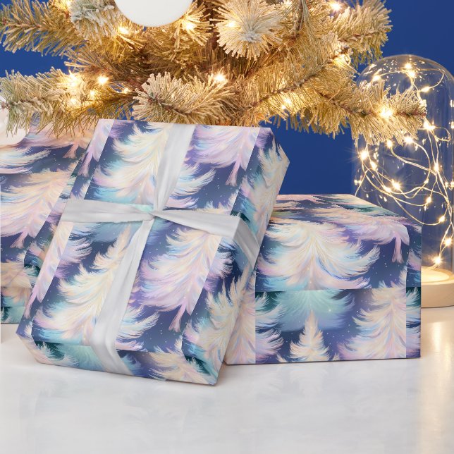 Papier Cadeau Bleu Rose Blanc Or Arbres Noël Moderne (Vacances)