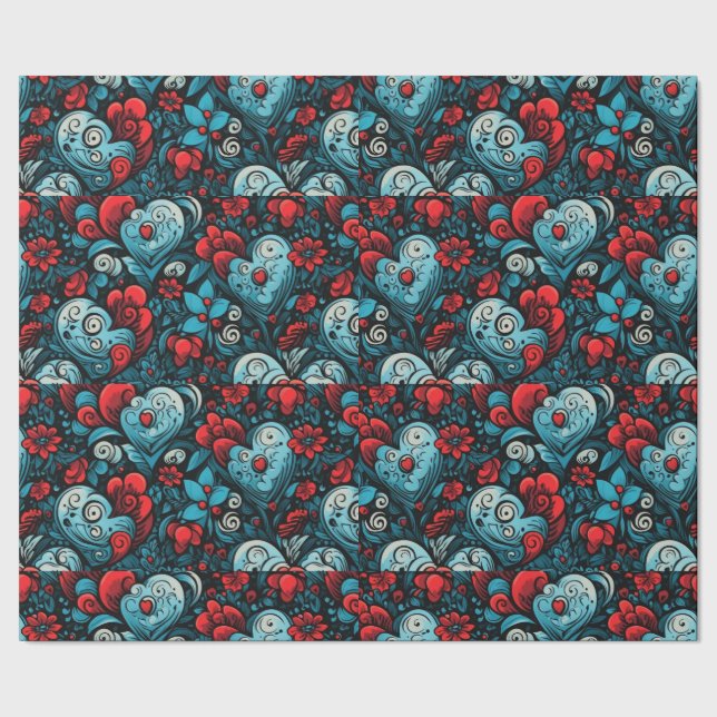 Papier Cadeau Bleu Rose Coeurs de tatouage Thème numérique (Couture)