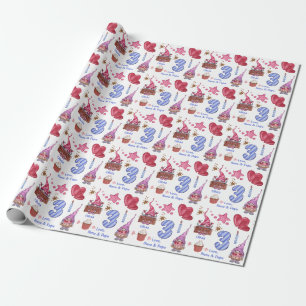 Papier Cadeau Bleu rose mignon fille Gnome 3 ans Anniversaire