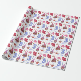 Papier Cadeau Bleu rose mignon fille Gnome 3 ans Anniversaire