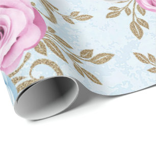 Papier Cadeau Bleu rose Roses or Damas Baroque Antonietta