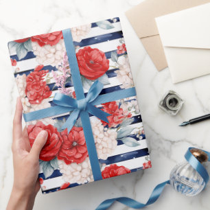 Papier Cadeau Bleu Rouge Ancres Floral Rayures Plage Anniversair