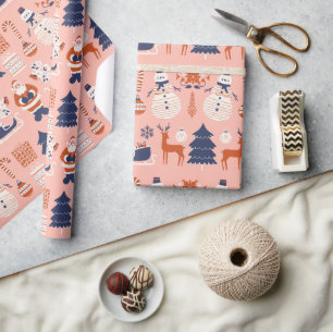 Papier Cadeau Bleu rouge rose style illustratif à Noël