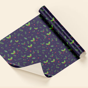 Papier Cadeau Bleu Rouge Vert Feuilles Baies Motif Noël