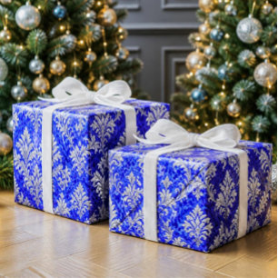 Papier Cadeau Bleu Royal et Blanc Noël Damassé Victorien