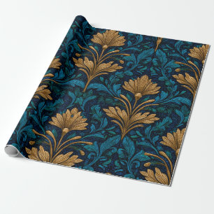 Papier Cadeau Bleu rustique Art Nouveau Floral doré vintage gras
