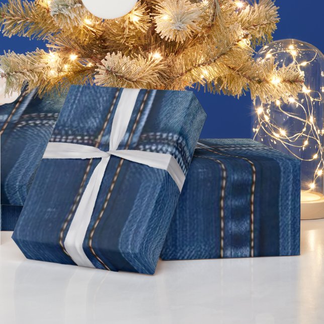 Papier Cadeau Bleu Rustique Denim Patchwork (Vacances)