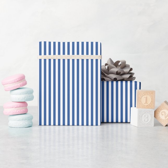 Papier Cadeau Bleu Saphir Moyen & Rayures Blanches (Baby Shower)