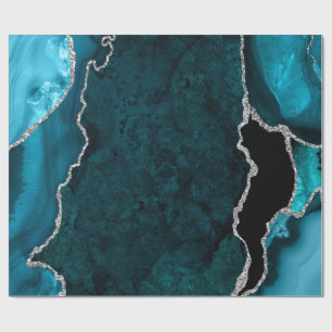 Papier Cadeau Bleu sarcelle et faux paillettes d'agate argentées