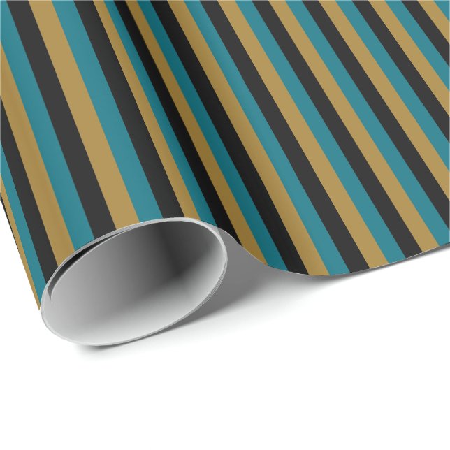 Papier Cadeau Bleu sarcelle, noir, rayure verticale or mat (Coin rond)