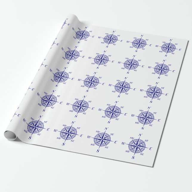 Papier Cadeau Bleu Sur Décor Côtier Blanc Rose De Compass (Déroulé)