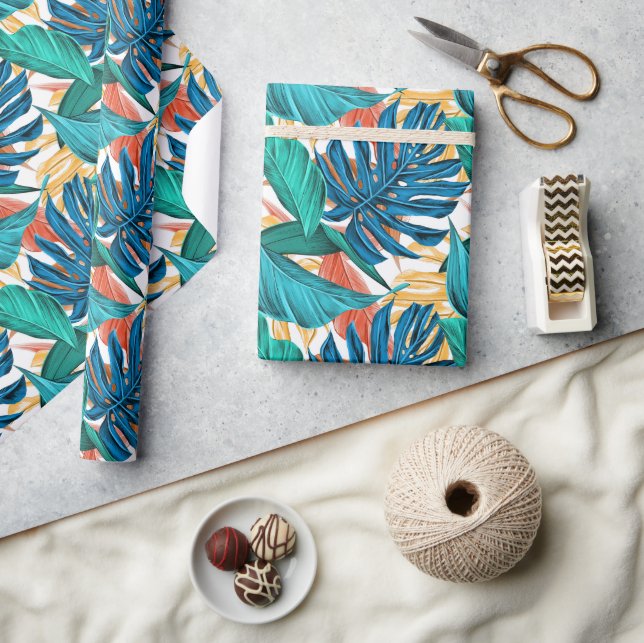 Papier Cadeau Bleu tropical feuilles jaunes  (Artisanat)