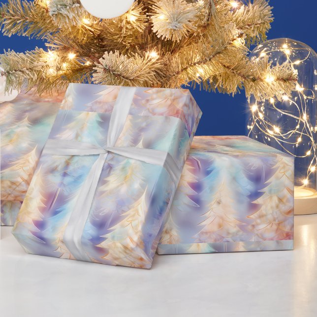 Papier Cadeau Bleu Vert Blanc Or Arbres Moderne Noël (Vacances)
