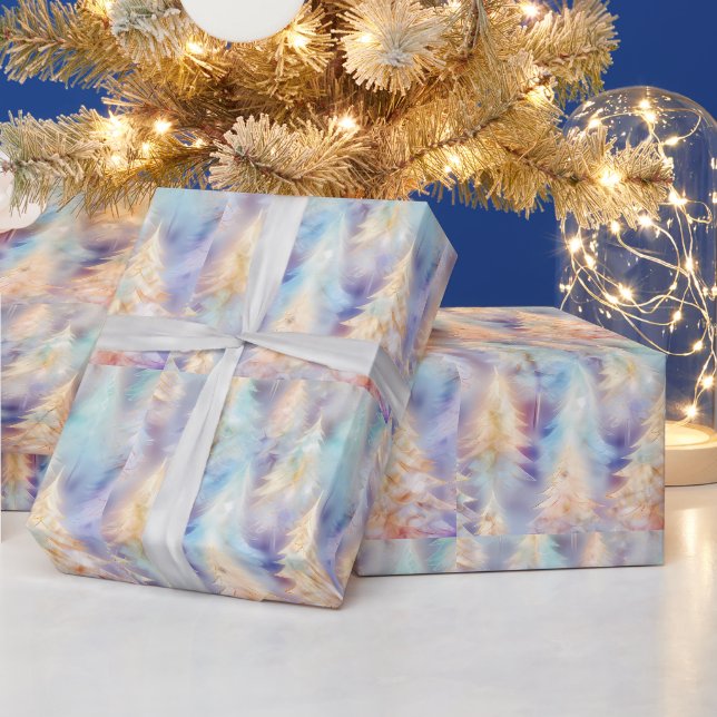 Papier Cadeau Bleu Vert Blanc Or Arbres Noël Moderne (Vacances)