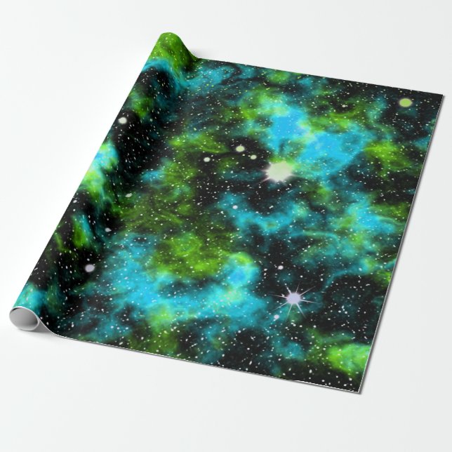 Papier Cadeau Bleu Vert Galaxie Cosmique Espace Étoiles Nebula (Déroulé)