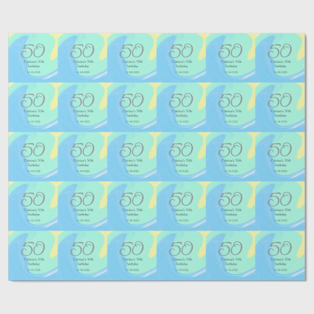 Papier Cadeau bleu vert gris 50e anniversaire ajouter nom date r (Plat)