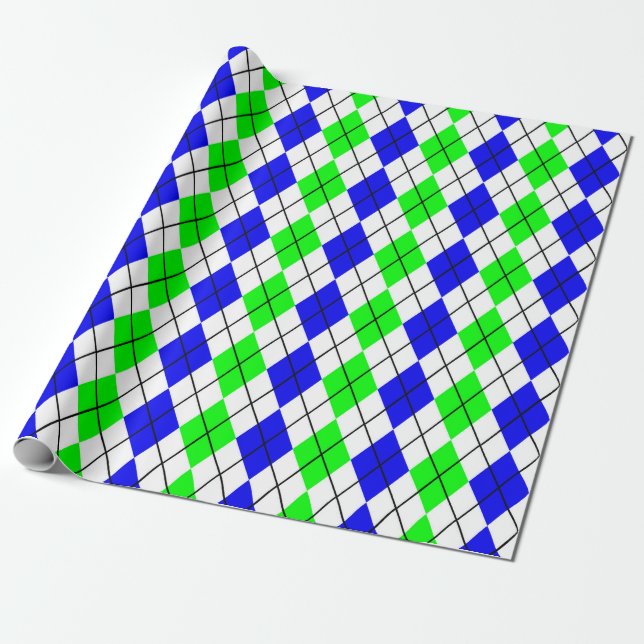 Papier Cadeau Bleu Vert Jacquard blanc Diamant Design (Déroulé)