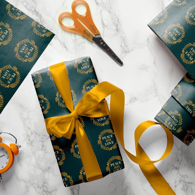 Papier Cadeau Bleu-Vert, Joie, Amour Gold Noël Wreath (Créateur téléchargé)
