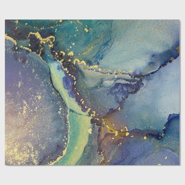 Papier Cadeau Bleu Vert Or Encre d'alcool Liquide Art Abstrait (Plat)