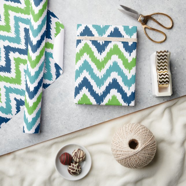 Papier Cadeau Bleu vert Zigzags Motif Ikat (Artisanat)