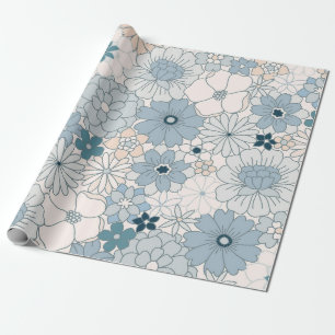 Papier Cadeau Bleu Vintage et Floral Bohème Groovy Abricot