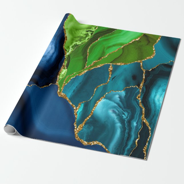 Papier Cadeau Bleu, violet et vert Peacock Agate Faux parties sc (Déroulé)