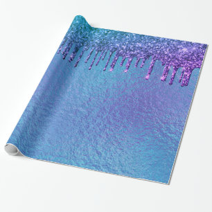 Papier Cadeau Bleu Violet Iridescent Paillettes Gouttes Joli