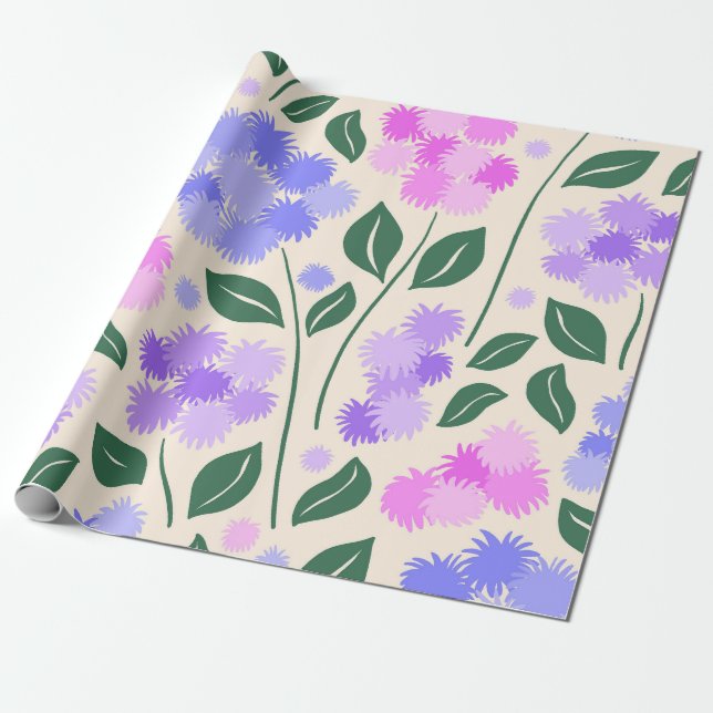 Papier Cadeau Bleuet botanique violet et rose (Déroulé)