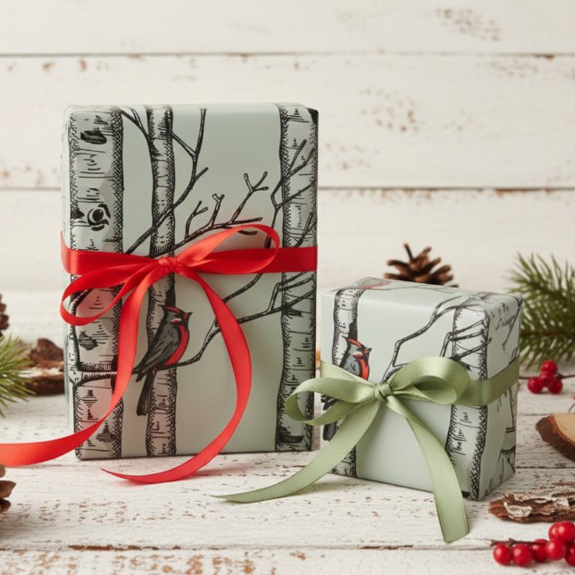 Papier Cadeau Bleus, grands bouleaux et oiseaux cardinaux rouges (Sage Green Winter Christmas Red Cardinal Wrapping Paper for Nature Lover. Elegant Birch Trees, Birds)