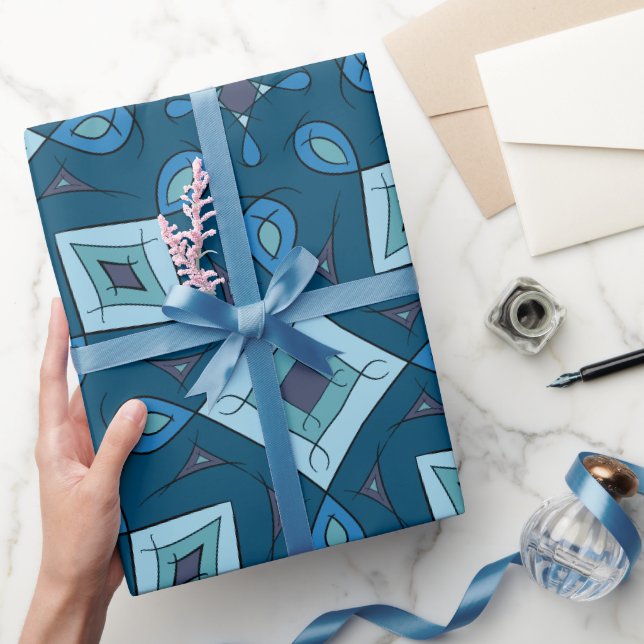 Papier Cadeau Blocs Abstraits, Diamants, couleurs bleues vertes, (Cadeaux)