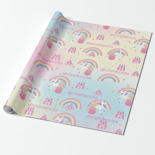 Papier Cadeau Blonde Princess Unicorn Rainbow Birthday Custom (Déroulé)