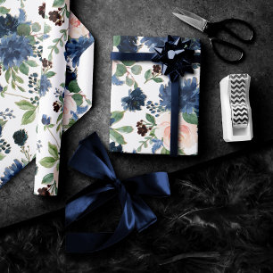 Papier Cadeau Blooms Chics Modèle floral bleu marine et bleu