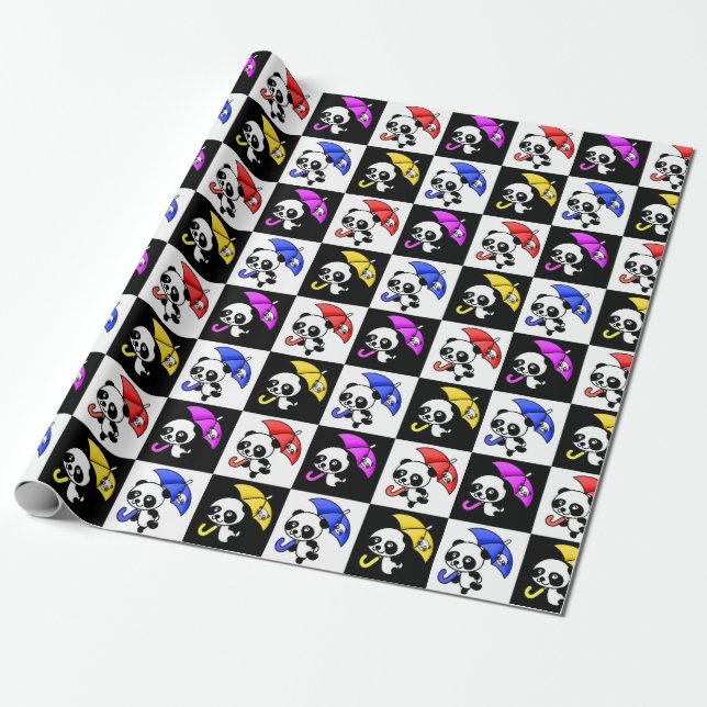 Papier Cadeau Bloquer À damiers Cute Panda Motif (Déroulé)