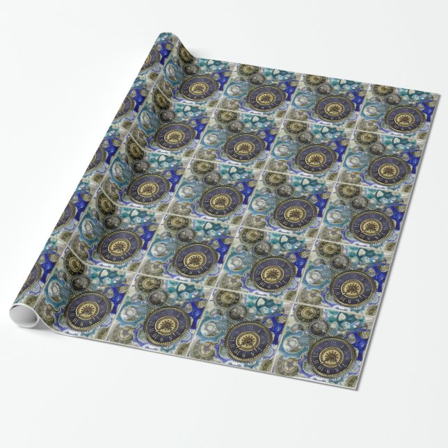 Papier Cadeau Blue aqua steampunk gears, cogs, clock faces (Déroulé)