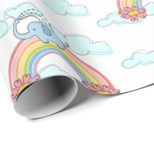 Papier Cadeau Blue Baby Elephant Arc-en-ciel Nuages enveloppant